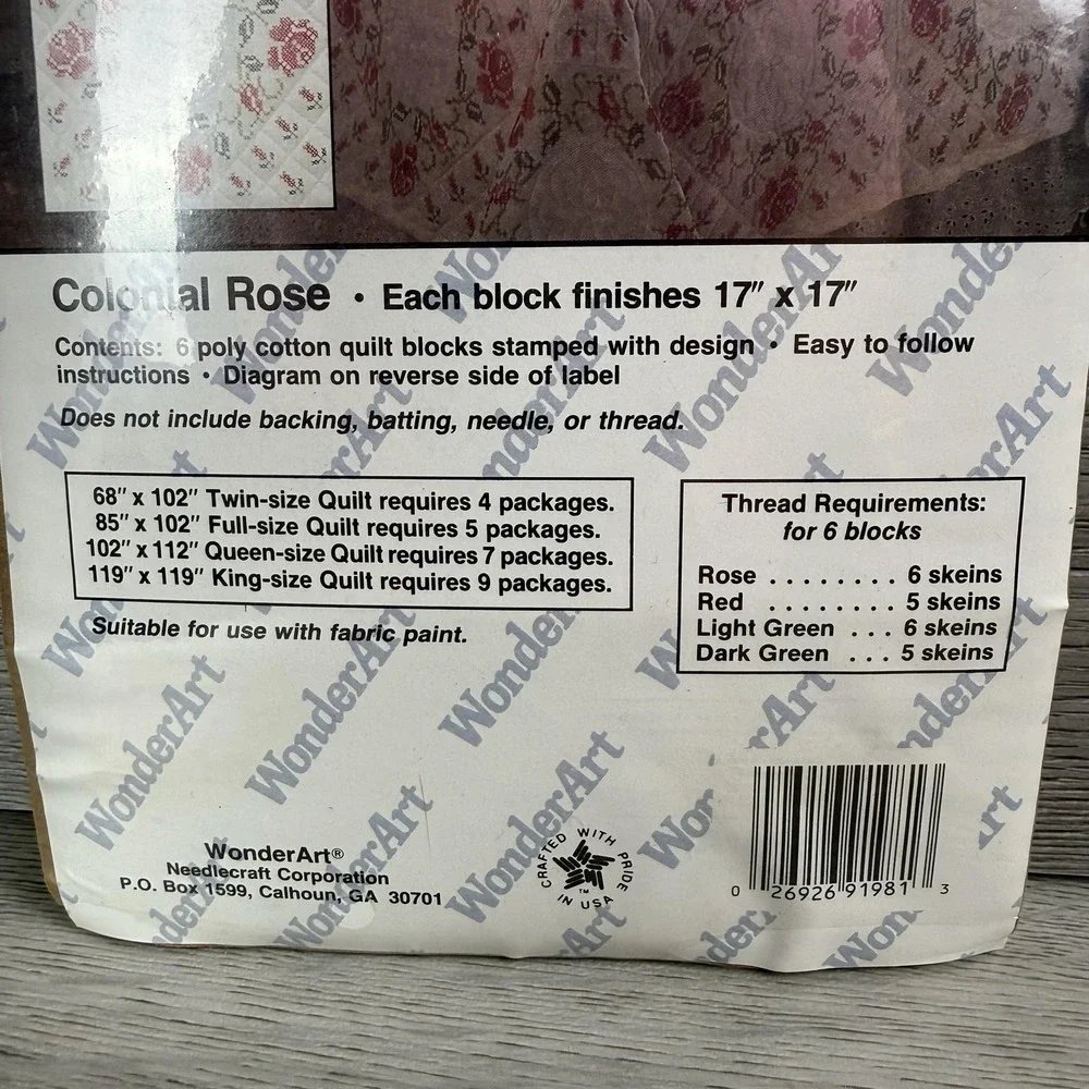 Vintage WonderArt Colonial Rose Quilt Blocks Cross Stitch 6 Precut White